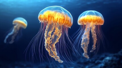 Three Golden Jellyfish Swim Gracefully Underwater