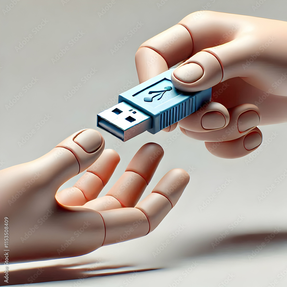 Poster 3d close up hands exchanging usb stick symbolizing digital collaboration and data sharing
