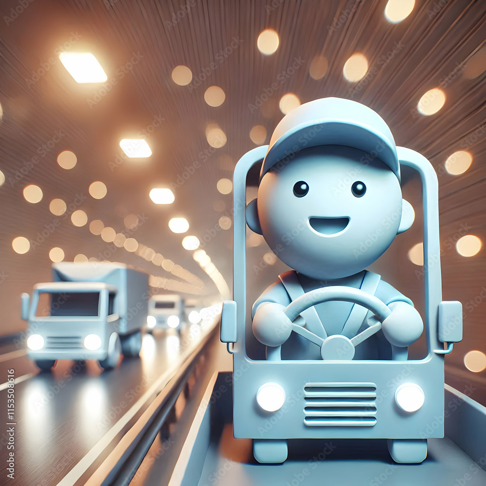 Poster smiling driver navigating tunnel bokeh lights - 3d abstract conceptual icon