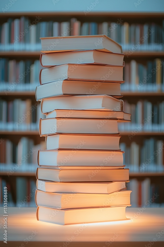 Poster glowing stack of books arranged neatly on desk with blurred library backdrop under soft light