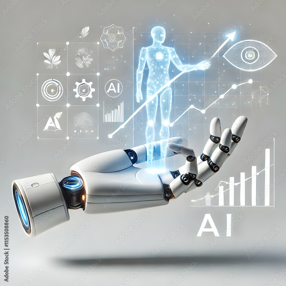 Aufkleber 3d floating ai robot hand projecting glowing growth charts and holographic interface technology conc