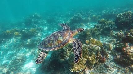 Obraz premium Sea Turtle Swimming Through Vibrant Coral Reef