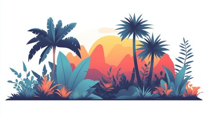 Obraz premium Vibrant Tropical Landscape with Sunset and Lush Green Foliage