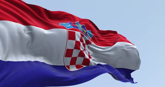 Close-up of Croatia national flag waving in the wind on a clear day