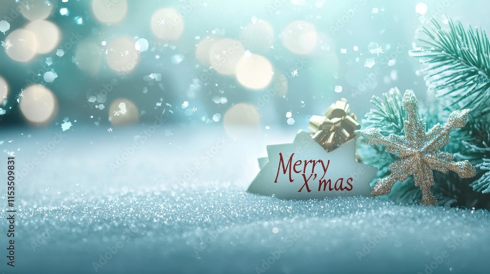 Poster simple merry xmas greeting card design on clean background with soft bokeh and snow elements