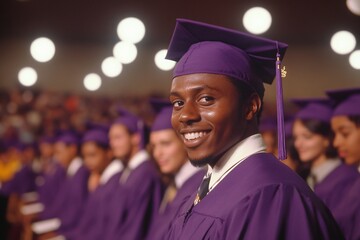 Fototapeta premium Happy graduate in purple cap and gown at ceremony.