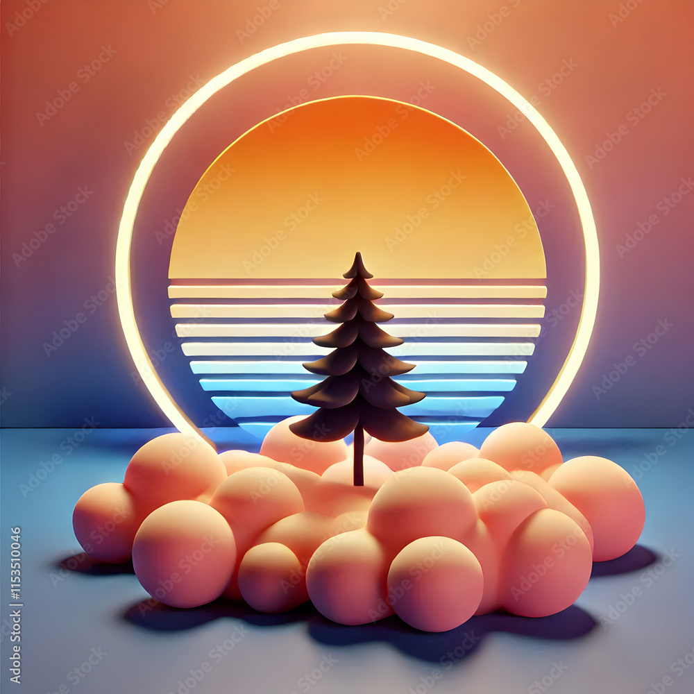 Poster 3d gradient sunset background with silhouetted tree symbolizing realization and epiphany � perfect f