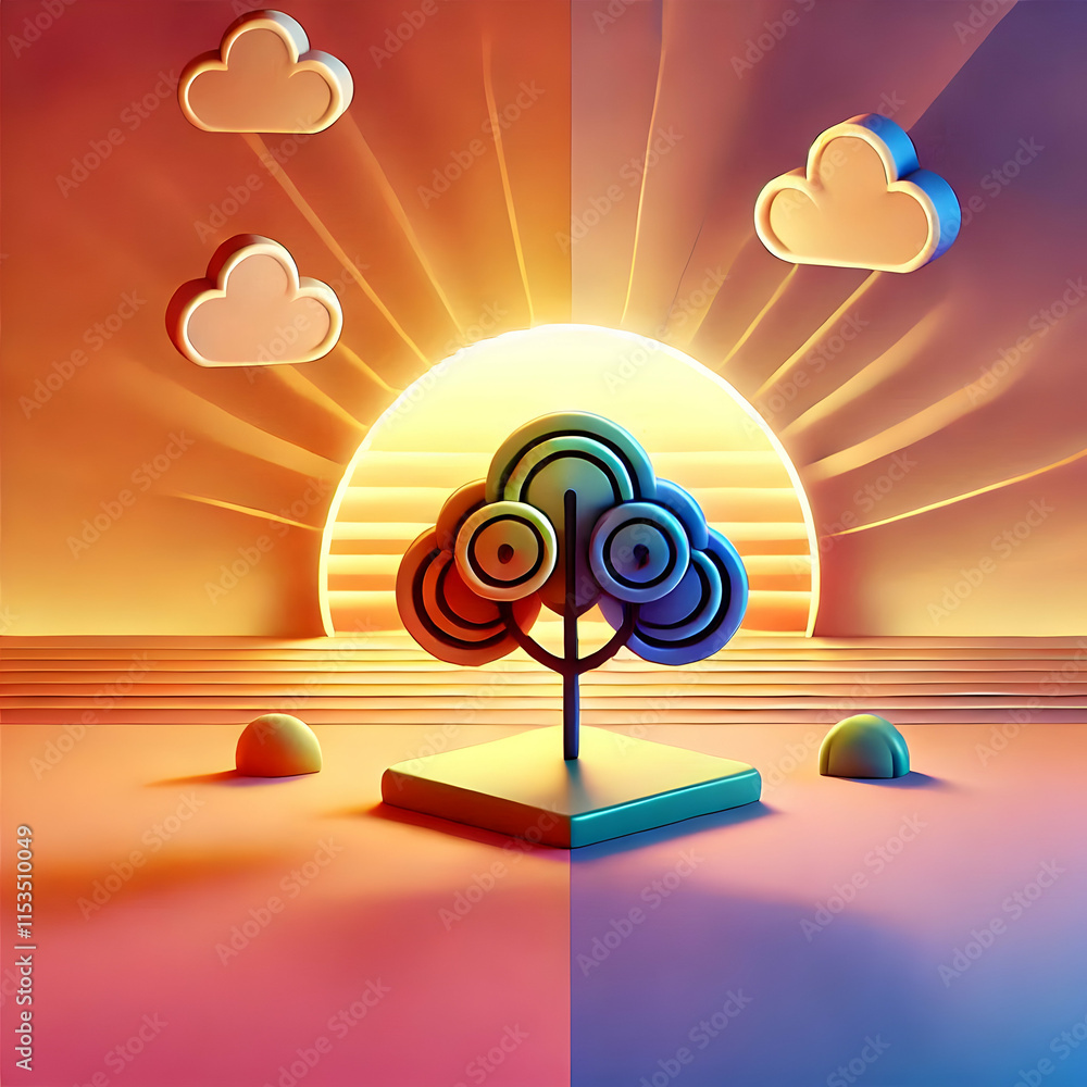 Aufkleber 3d plain gradient sunset background with a single silhouetted tree symbolizing realization and epiph