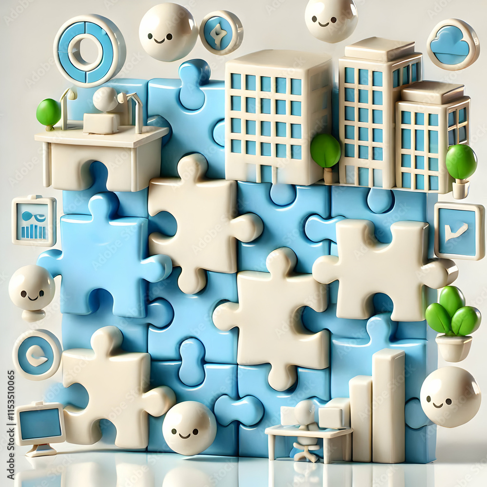 Poster 3d glossy background puzzle pieces collaborate for strategic alignment in business growth and unity
