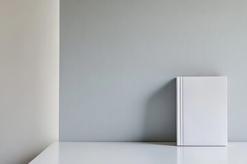 single textbook on white desk with clean minimalist background