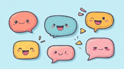 Colorful speech bubbles with happy face expressions on blue background