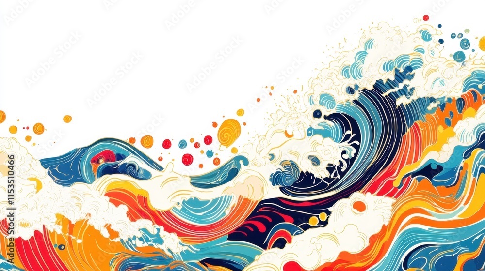 Poster a vibrant wave design featuring swirling colors and dynamic patterns, evoking a sense of movement an
