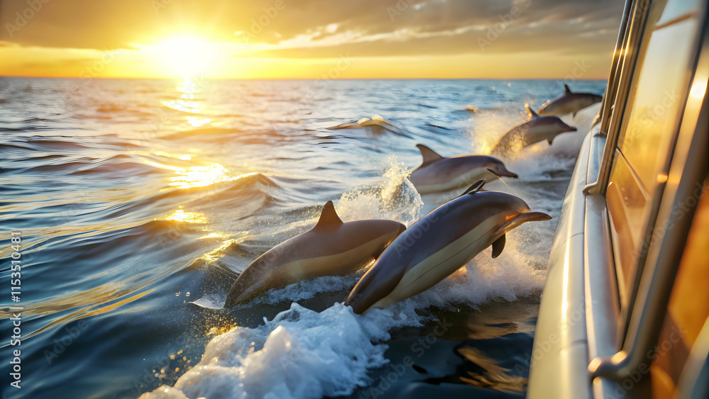Poster observing dolphins from boat in seascape symbolizing harmony with nature and sustainable practices w
