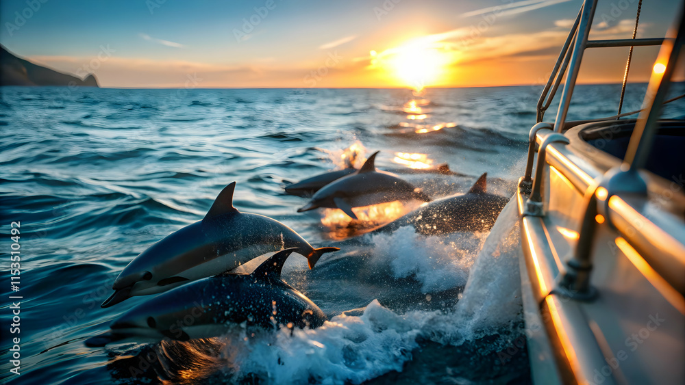 Poster dolphins playfully interacting with boat: seascape symbolizing nature harmony and sustainable practi