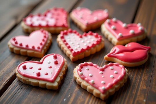 Valentine's Day cookies in shapes of hearts and lips on wooden table. Valentine's day concept. - Powered by Adobe
