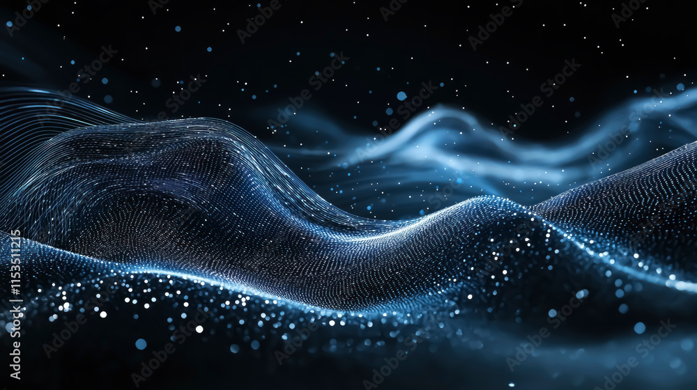Poster soft curves and glowing particles dance gracefully in a tranquil setting, illuminated by subtle ligh