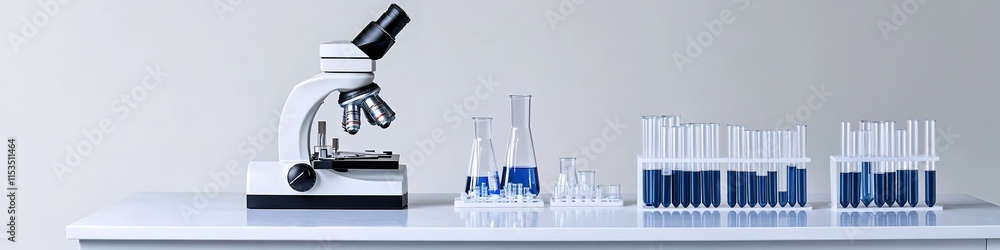 Poster stock photo of laboratory desk with microscope and test tubes arranged neatly on white background