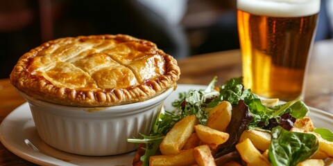 Pub inspired dish featuring a pie and chips served alongside a refreshing salad and a pint of beer, perfect for enjoying a hearty meal in a cozy pub atmosphere.
