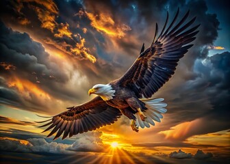 Majestic Eagle in Flight, Low Light Photography - Dramatic Wildlife Image