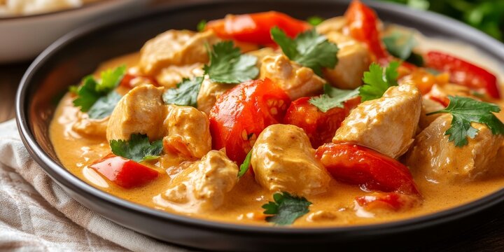 Authentic chicken mafe crafted with peanut sauce, featuring tomatoes, peppers, and coconut milk, presented in a close up view on a plate. This authentic chicken mafe is a delicious dish.