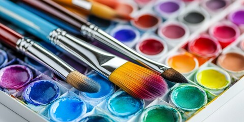 Obraz premium Watercolors and brushes for painting elegantly arranged on a white background, showcasing vibrant colors and artistic tools perfect for any painting project with watercolors.