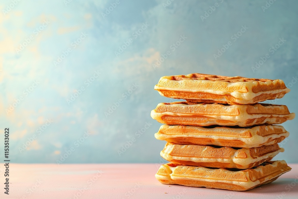 Poster golden stack of waffles resting neatly on matte pastel surface under soft natural light