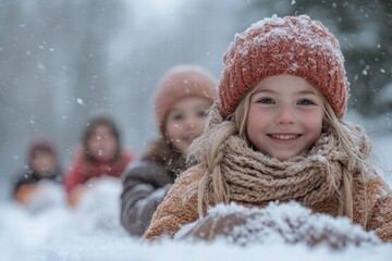 Family enjoying sledding together in a snowy forest during winter