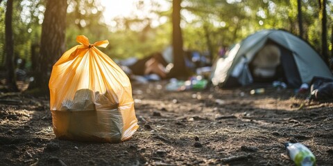 Garbage plastic bag serves as a makeshift rubbish bin at the campsite, showcasing the use of a garbage plastic bag for temporary waste disposal during camping activities.