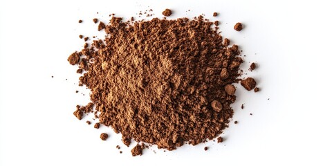 Coffee powder displayed on a white background, showcasing the rich texture and color of the coffee powder in this top view composition, emphasizing the beauty of the coffee powder.