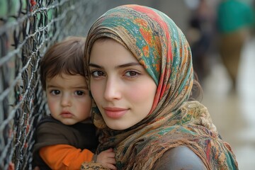 Obraz premium Young woman in hijab carries child in arms, standing near a mesh fence in a lively neighborhood