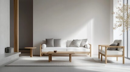 A minimalist living room with white walls, light oak furniture, and subtle gray tones in the decor