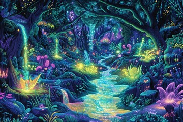 vibrant depiction of mystical forest with glowing plants hidden creatures and shimmering river