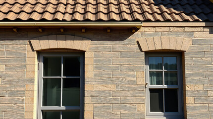 Stone Building Facade with Two Windows and Tile Roof