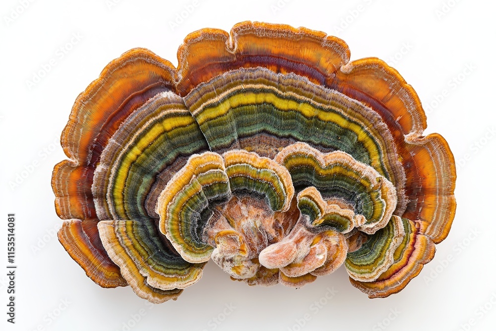 Poster vibrant turkey tail mushroom with its layered colorful cap pattern displayed flat on white backgroun