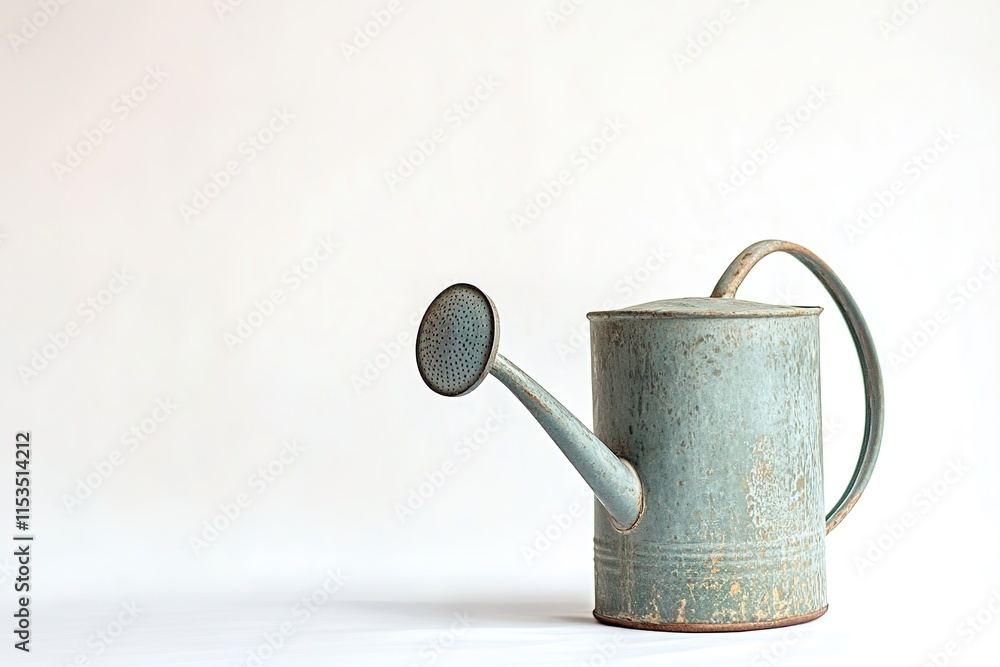 Poster watering can with simple vintage design on white background placed slightly off-center with empty sp