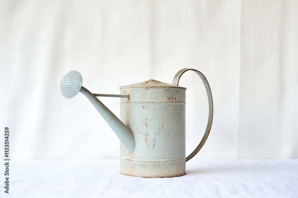 Poster watering can with simple vintage design on white background placed slightly off-center with empty sp