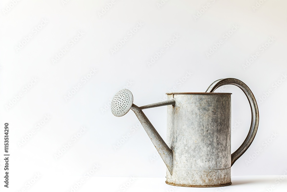 Poster watering can with simple vintage design on white background placed slightly off-center with empty sp
