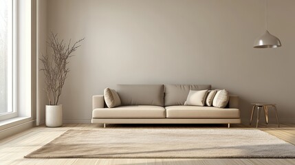 A minimalist living room with neutral tones, sleek metallic accents, and a plush area rug