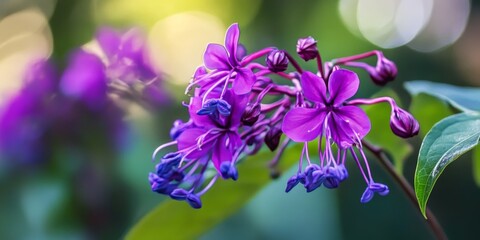 Fototapeta premium Stunning purple flower, known as Clerodendrum thomsoniae, showcases its beauty in vibrant blooms. This purple flower captivates with its striking color and unique floral shape, ideal for nature