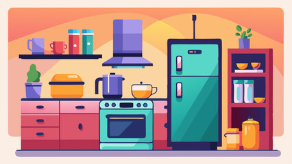 Modern kitchen with smart appliances, featuring a fridge, oven, and coffee maker. Contemporary kitchen interior design with high-tech gadgets