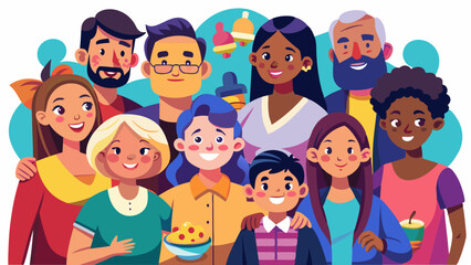 Large multicultural family reunion, joyful family members gathering for reunion event, sharing food, playing games, and taking group photos