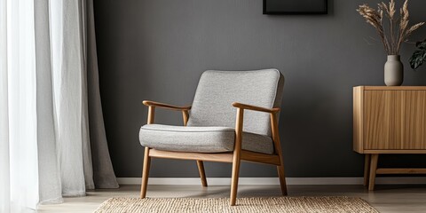 Fototapeta premium Chic vintage armchair featured in a stylish Scandinavian living room, accented by a contemporary grey wall, perfect for adding character and comfort to any space with a vintage vibe.
