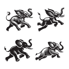 4 Set of Black Running Elephant Silhouettes Isolated on White Background