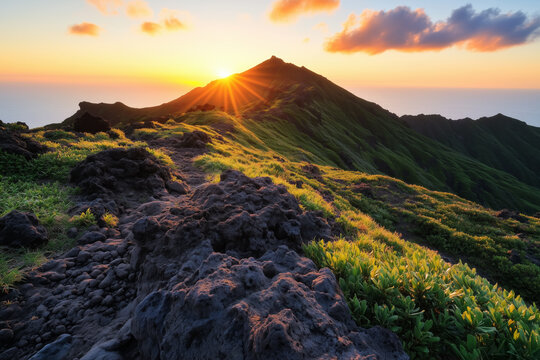 Sunset over a green volcanic mountain with rugged rocks and vibrant vegetation under a colorful sky
 - Powered by Adobe