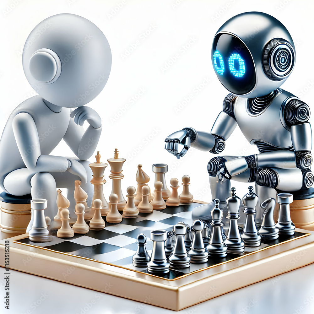Poster 3d glossy image of human and robot playing chess together concept as a glossy image showing a human 
