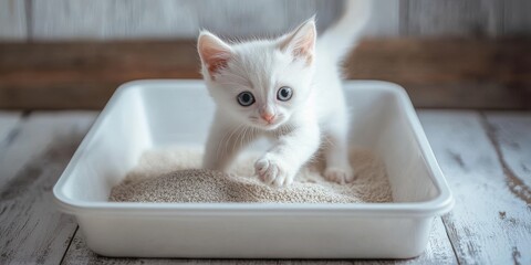 Kitten in litter box, a playful white little cat exploring the toilet with sand filler. Essential home pet care and hygiene tips for potty training young animals using a litterbox for cats.