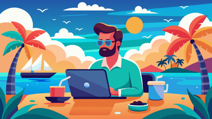 Naklejka premium Remote working professional in a tropical beach setting with laptop, coffee, and sunny vibes. 