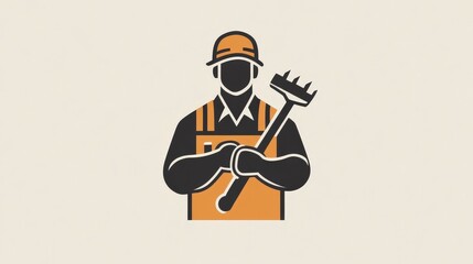 Fototapeta premium Construction Worker with Rake Tool in Orange Uniform and Helmet
