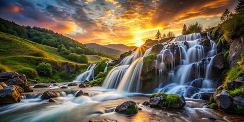 Majestic Mountain Waterfall and Valley Sunset: Close-up Macro Photography