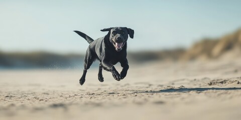 A black labrador joyfully runs along a sandy beach, showcasing the playful spirit of the black labrador as it enjoys the sun and sand while exploring its surroundings on the beach.